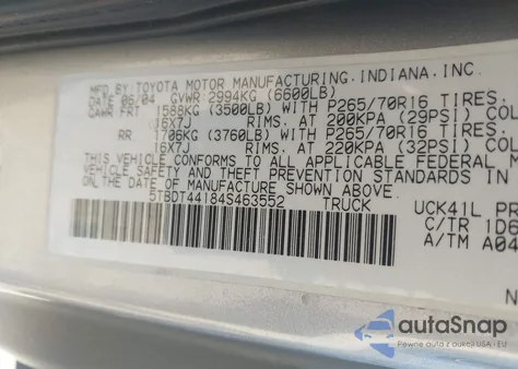2004 Toyota Tundra Sr5 V8 from USA, damaged, VIN 5TBDT44184S463552